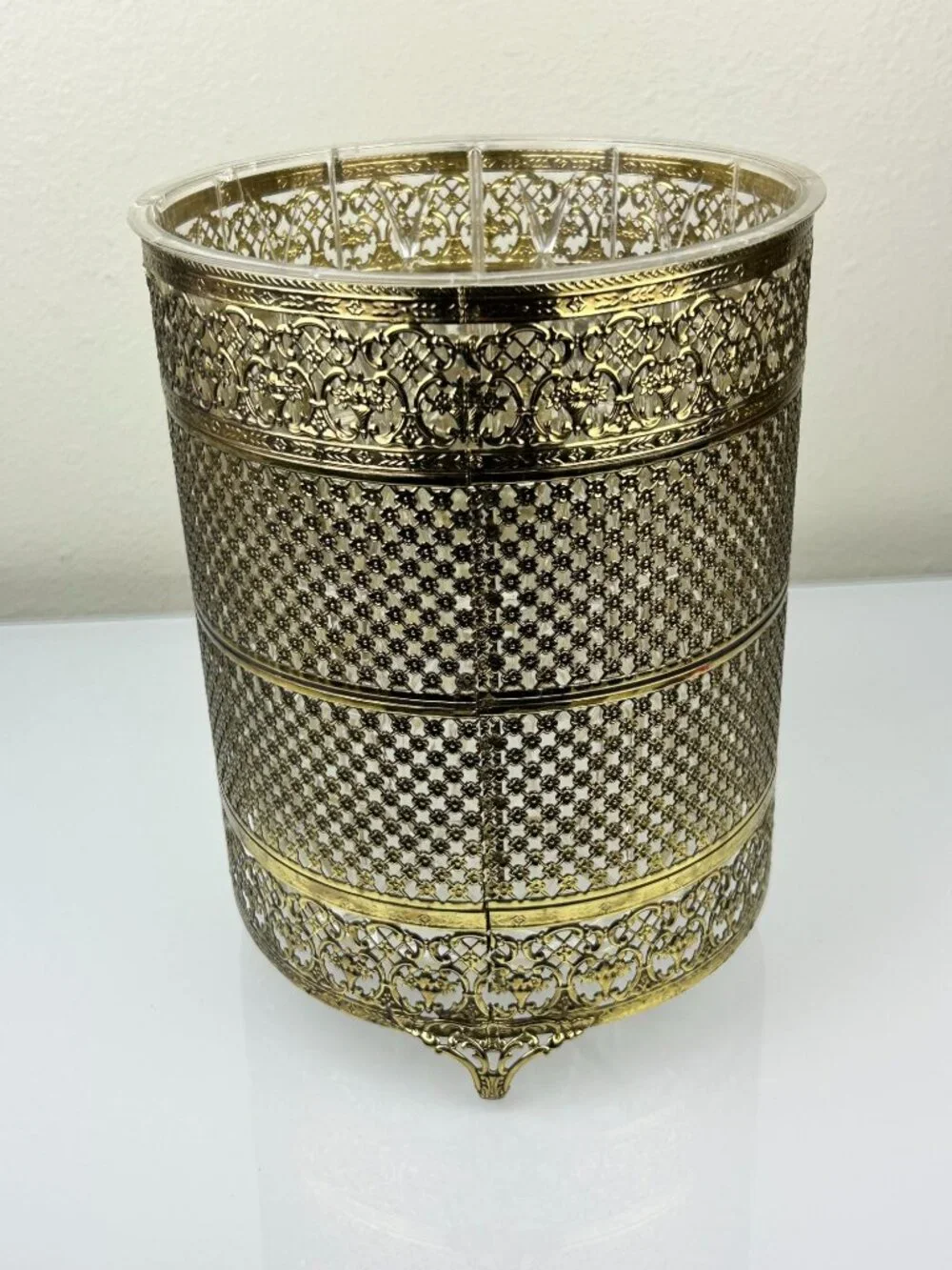 Gold Filigree Ormolu Rose Trash Can Waste Bin Clear Liner Hollywood Regency MCM